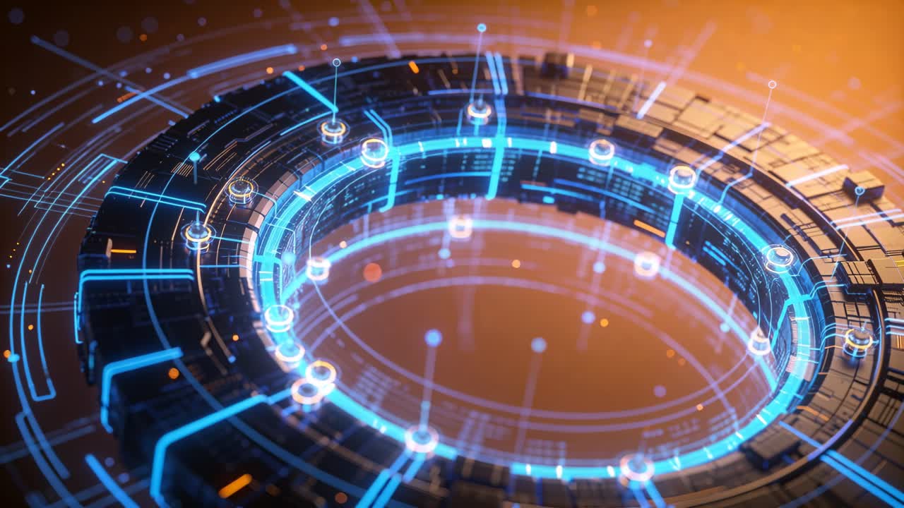 Neon-blue interface activating on dark torus, receiving data input and visualizing technology flow