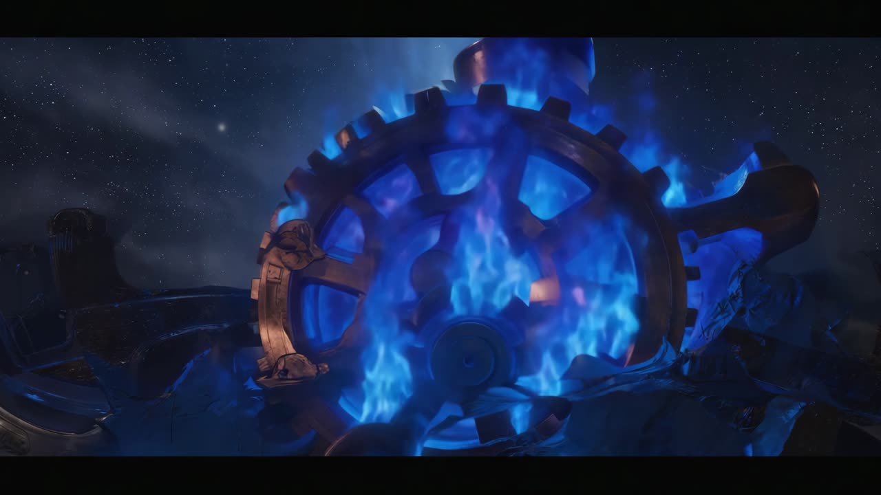 Mysterious Ornate Gear with Blue Flames Under a Starry Sky