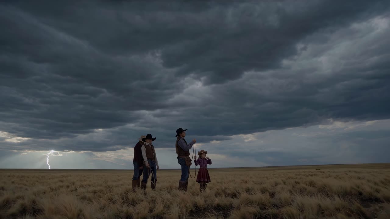 Cowboys and a girl in a field during a thunderstorm