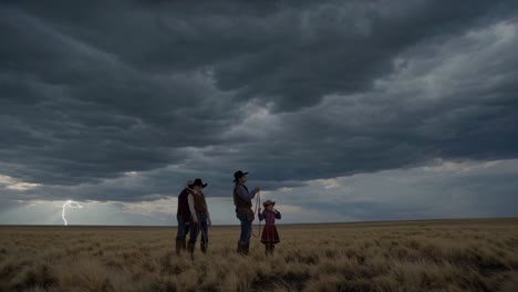 cowboys and a girl in a field during a thunderstorm