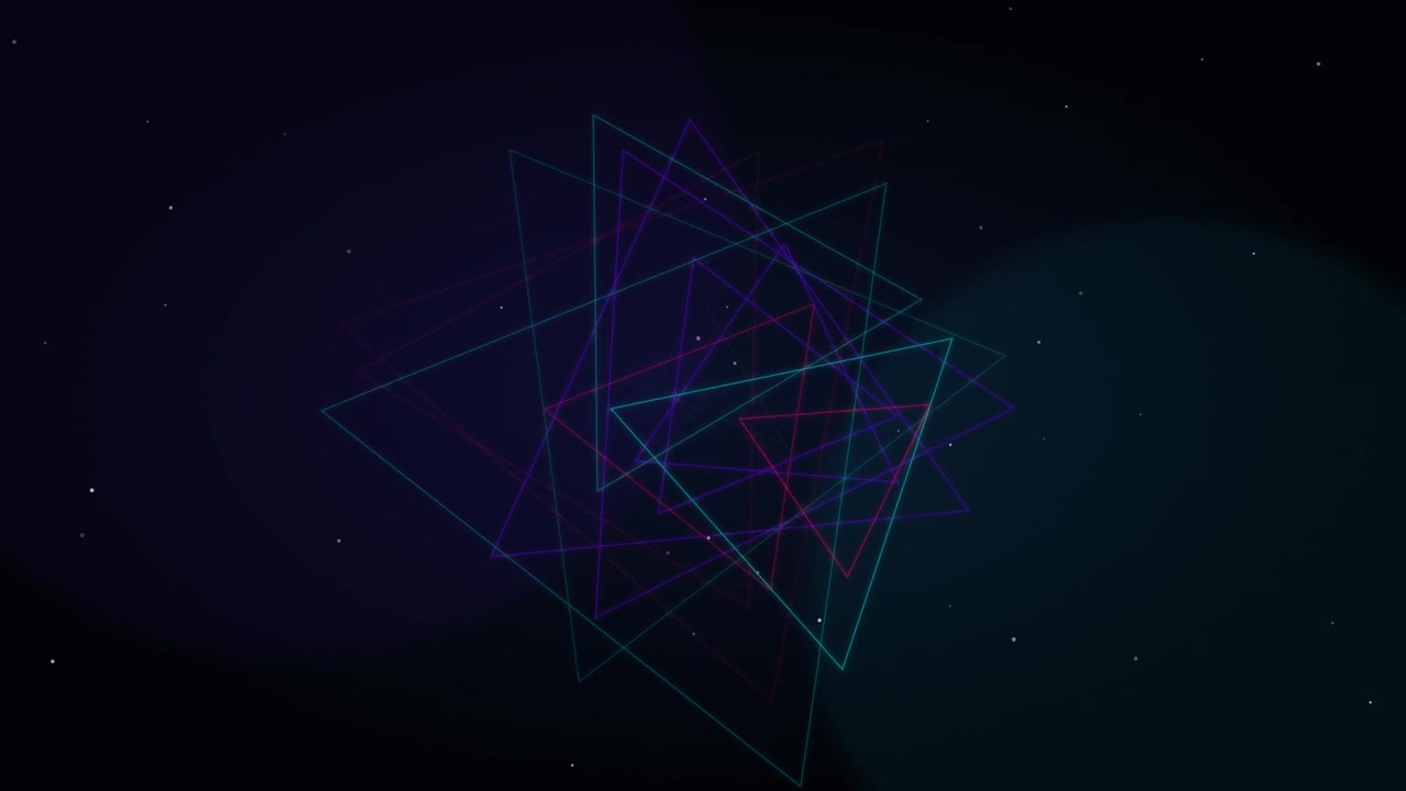 Triangoli neon astratti che ruotano nello spazio buio