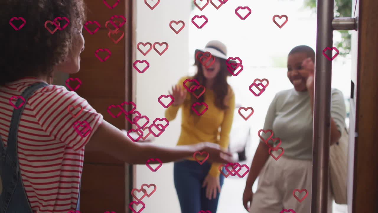 Host opening wooden door welcoming friends in real estate marketing with animated greeting icons