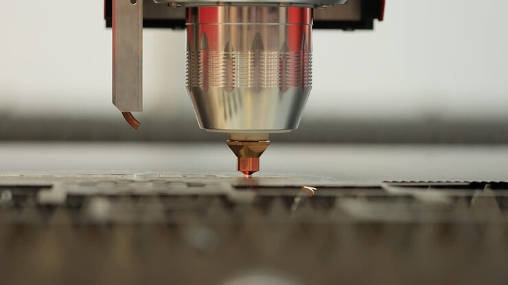 Taglio laser CNC di metallo, moderna tecnologia industriale.
