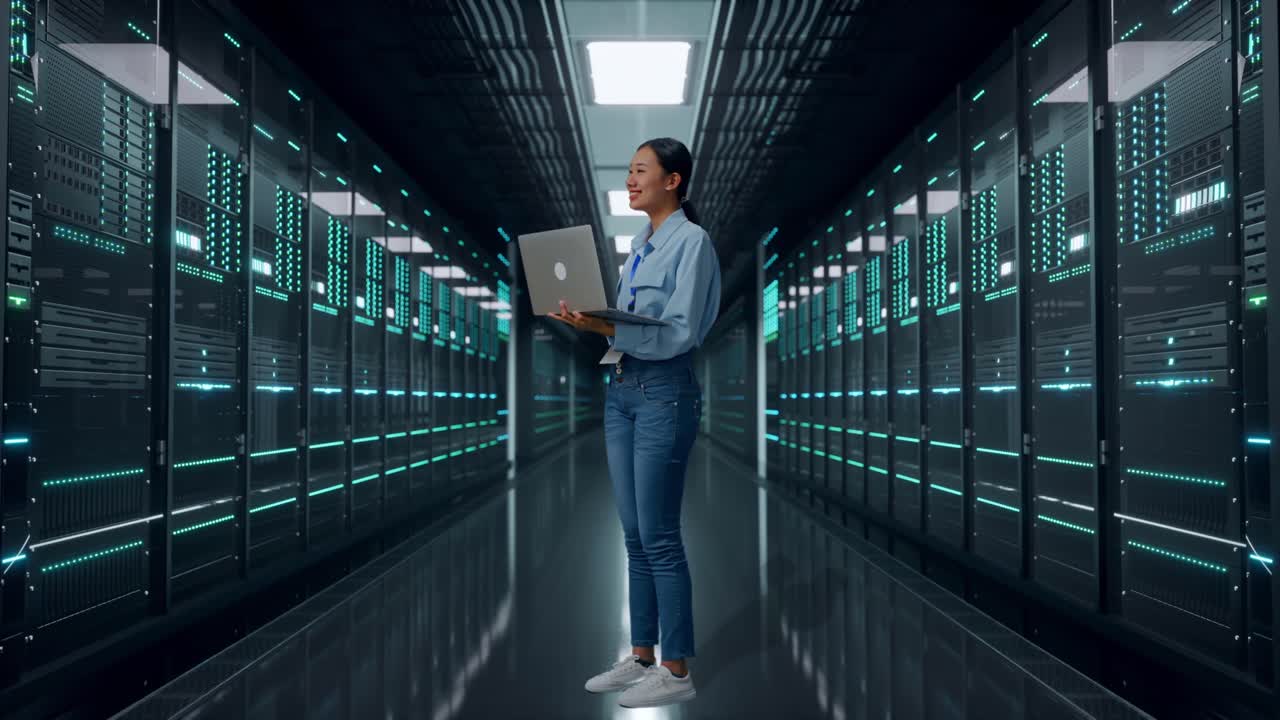 Helkropsbillede fra siden af asiatisk kvinde i et serverrum i et datacenter, der kigger op, inden hun koncentrerer sig om den bærbare computer og fortsætter med at taste.