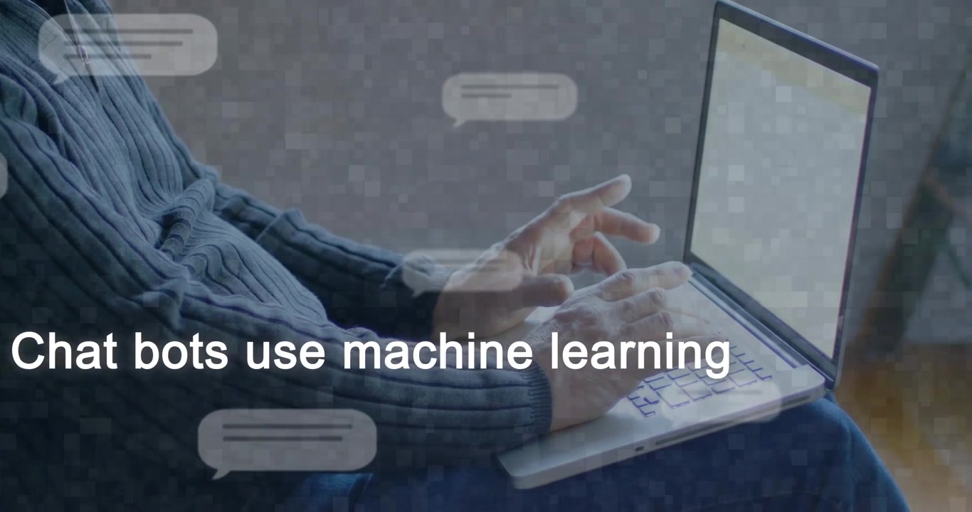 Video verticale: Uomo che digita sul laptop a casa, attivando un avatar e fumetti di chat che spiegano un chatbot.