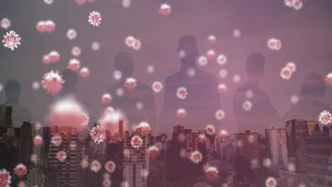 Animation-of-covid-19-cells-floating-over-people-silhouettes-and-cityscape-on-red-background