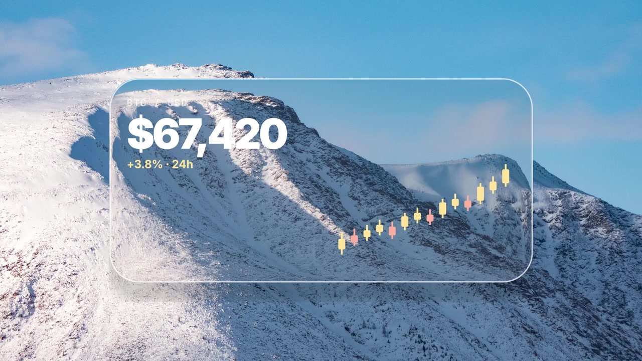 Grafico di crescita del prezzo di Bitcoin sovrapposto a un paesaggio montano innevato