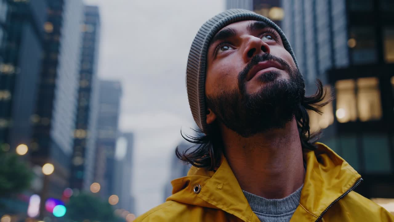 hombre mirando hacia arriba en una ciudad