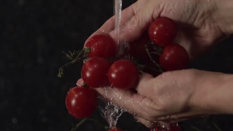 Hände-Spülen-Einen-Haufen-Schöner-Reifer-Kirschtomaten-Unter-Fließendem-Sauberem-Wasser---Nahaufnahme