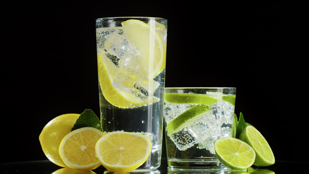 Fetta di limone che cade in acqua frizzante con lime e ghiaccio