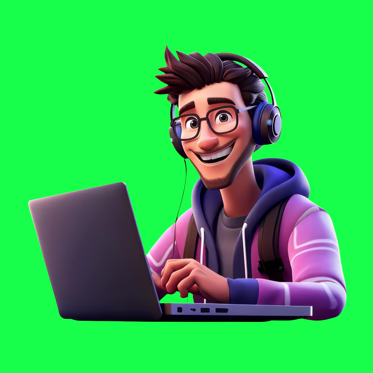 Animated gamer using laptop transparent 4K video, green screen