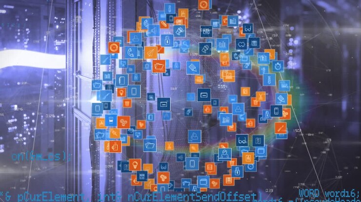 Animation of globe made of icons and lights over servers