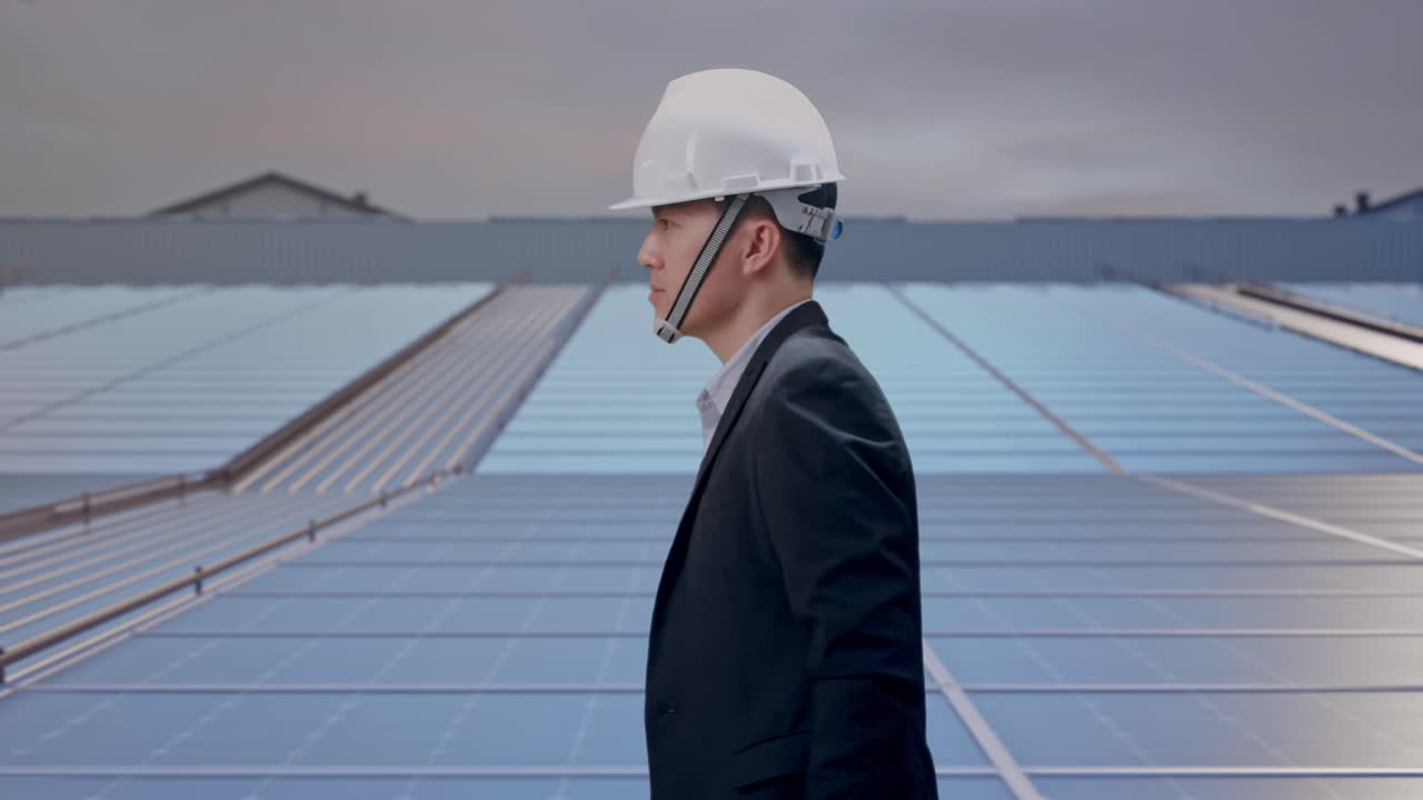 Vista laterale di un uomo d'affari asiatico che cammina presso pannelli solari industriali sul tetto.