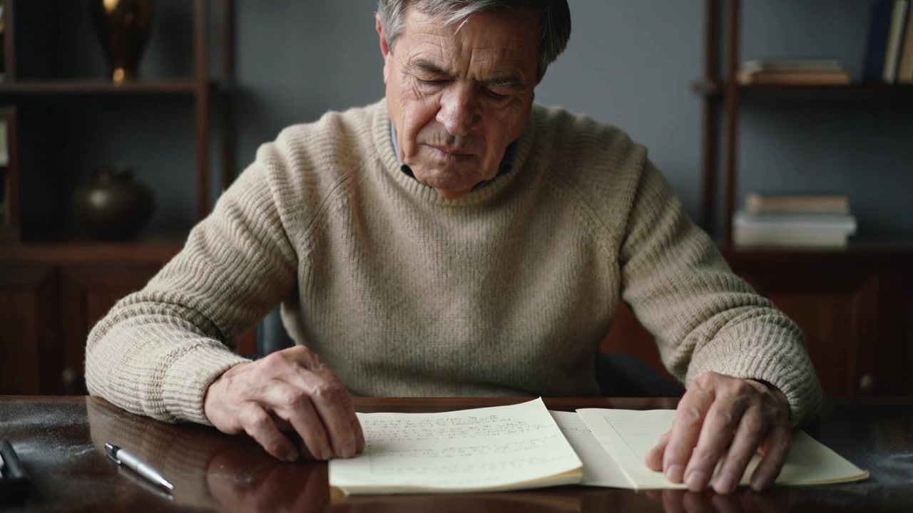 Senior v béžovém svetru čte, listuje stránkami a kontroluje je v pracovně se žlutým poznámkovým blokem a otevřenou složkou.
