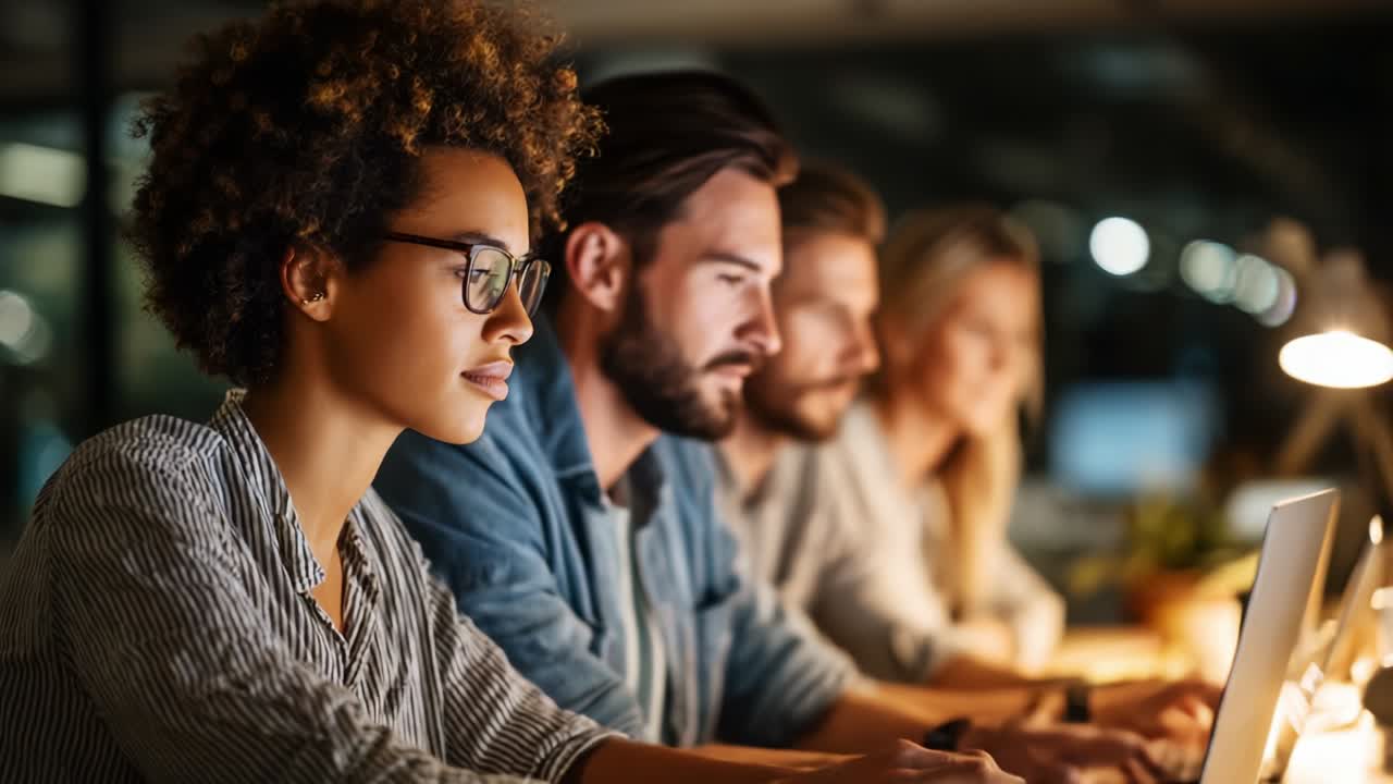 Focused Individuals Engaged in Productivity at Night, Each Concentrating on Their Laptops with Unwavering Attention to Detail, Illuminated by Ambient Lighting That Sets a Modern Workspace Atmosphere
