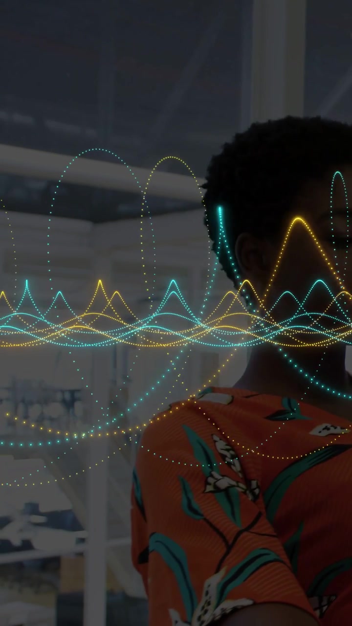 Woman touching ear, adjusting earbud while hearing office audio, moving out as waveform animating