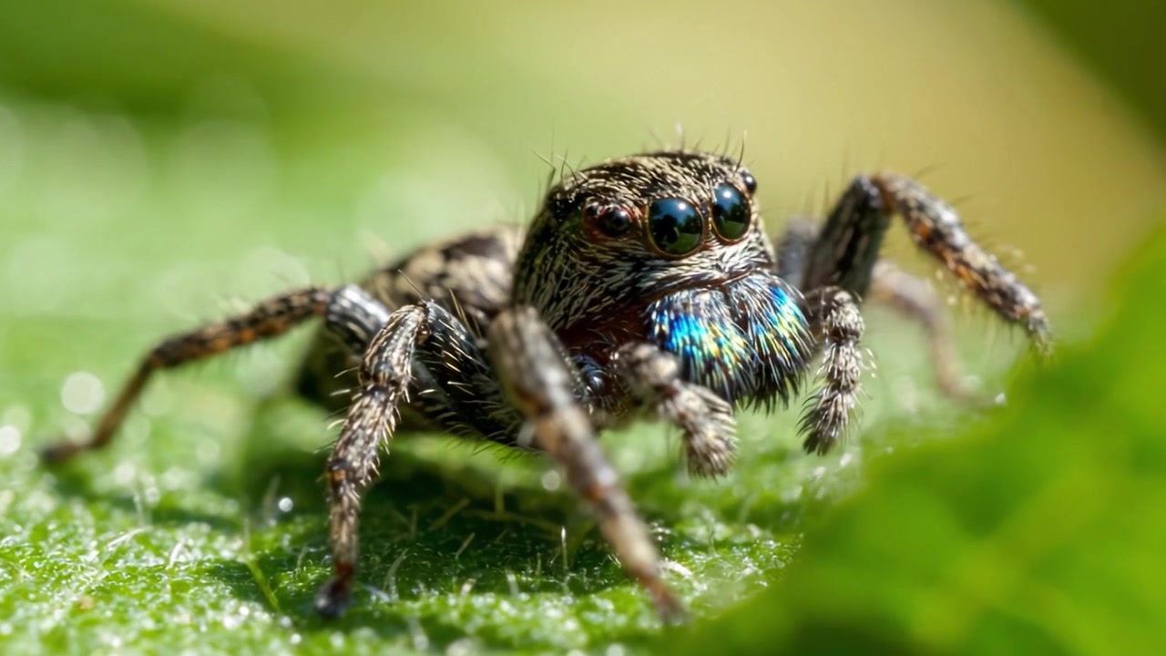 Primo piano di un ragno saltatore colorato su una foglia, che mostra le sue caratteristiche dettagliate e il corpo iridescente vibrante sotto la luce naturale.