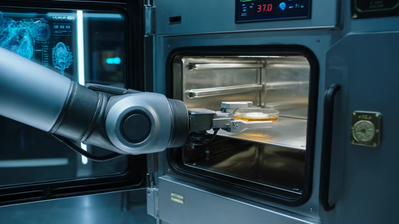 Brazo robótico plateado insertando una placa de Petri en una incubadora por comando para incubación a 37 grados.