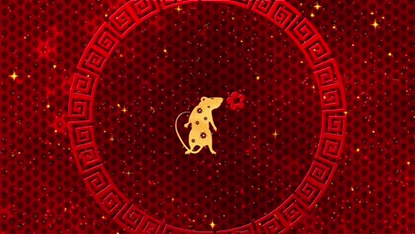 red chinese new year background with gold, rat, fireworks, glittering stars 3d rendering loop 4k. magical happy new year animation