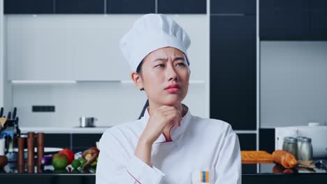 close up of asian woman chef thinking and looking around then raising her index finger in home kitchen