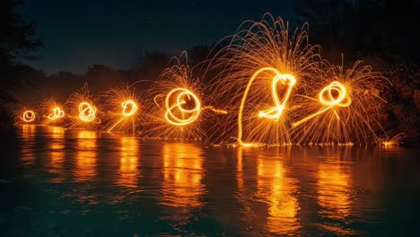 captivating display of light trails over a serene water surface at night, showcasing the artistic expressions of sparkling fire and reflection in a mesmerizing scene