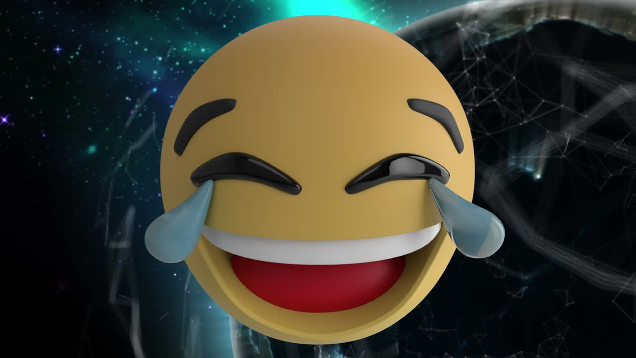 Digital animation of multiple changing face emojis against spinning globe in space