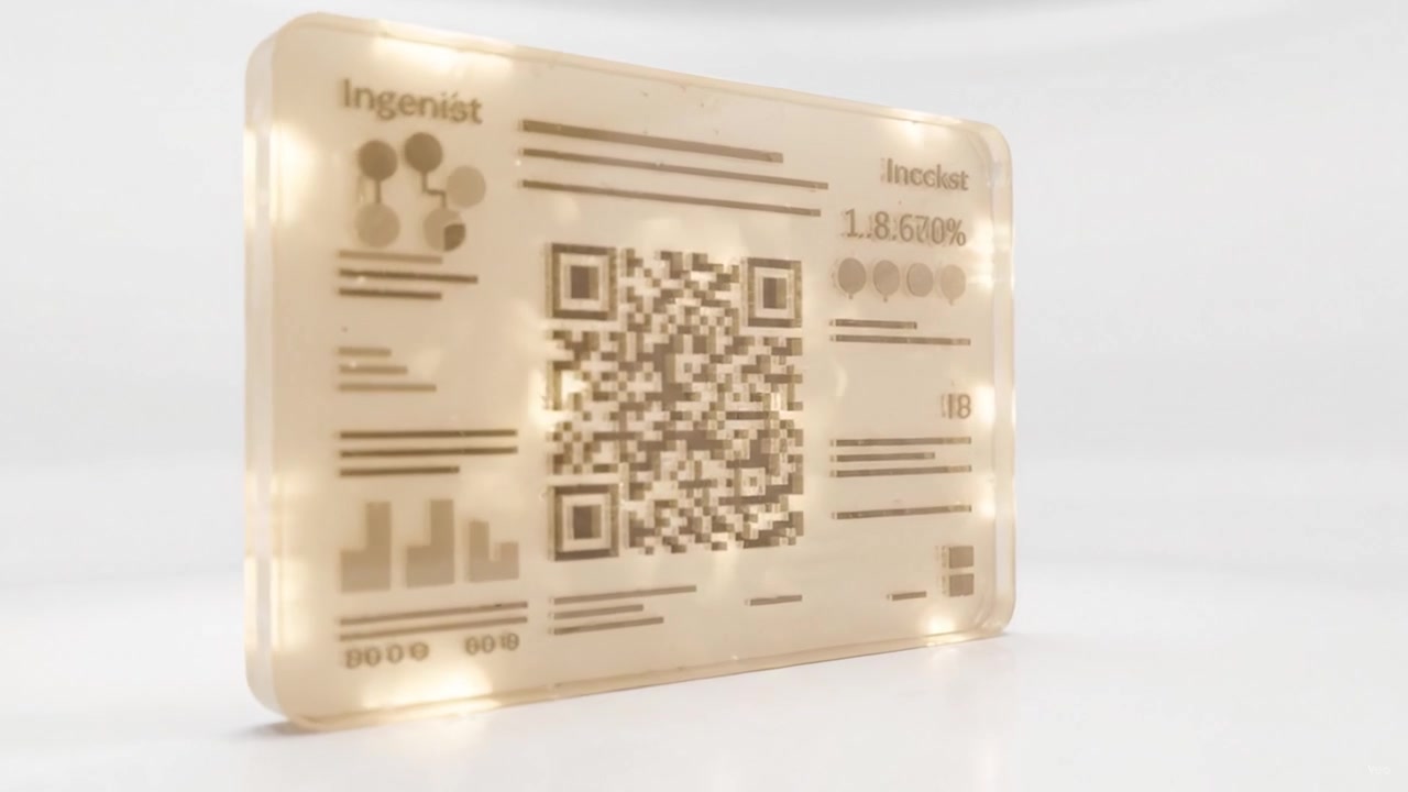 A futuristic illuminated card featuring QR codes and various data representations, showcasing advanced technology with intricate designs and glowing elements.