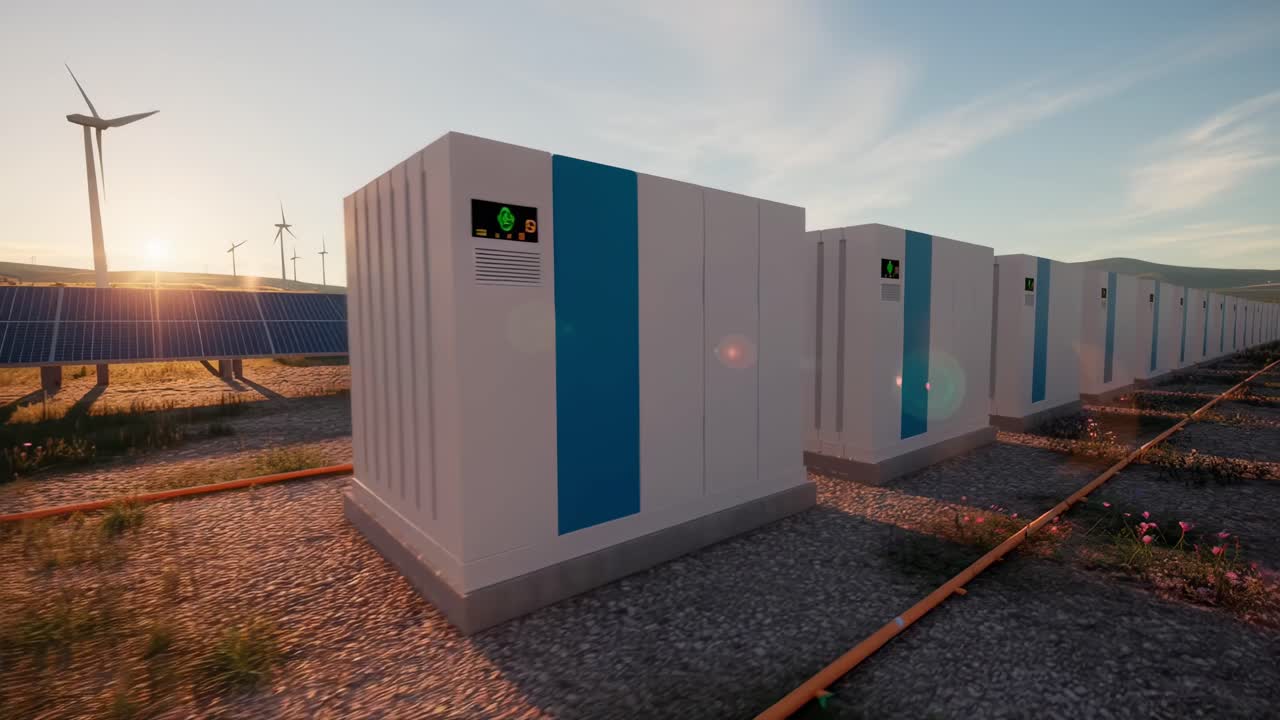Ripresa video grandangolare di unità di accumulo di energia futuristiche in un campo di energia rinnovabile