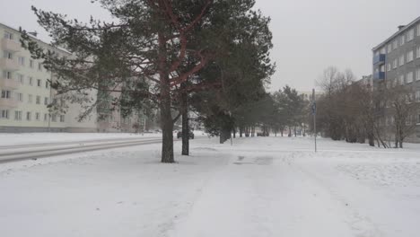 Nevadas-En-Las-Calles-De-Estonia-Mientras-Caminaba-Al-Costado-De-Una-Carretera-Con-Algunos-Autos-Pasando