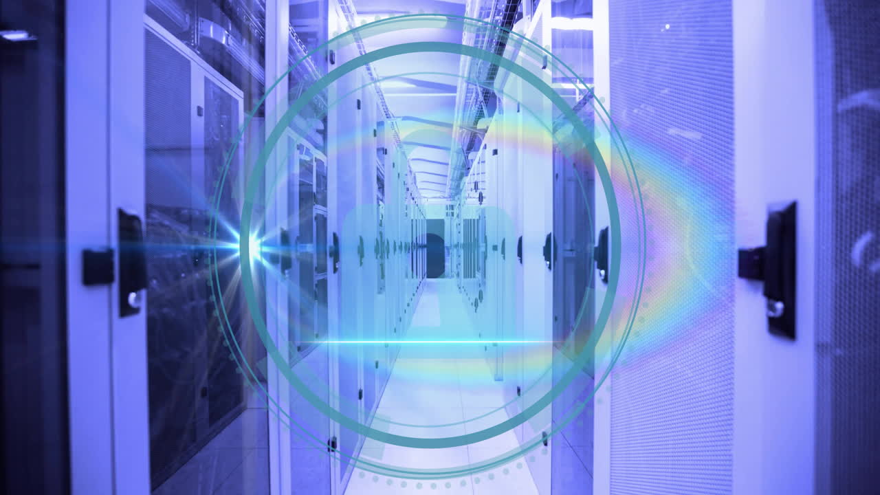 Futuristic digital interface animation over modern data center server racks