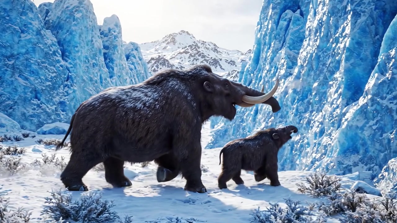 Majestic Mammoths Traverse a Frozen Landscape, Showcasing the Bond Between Parent and Offspring Amidst Stunning Ice Formations and Snowy Terrain