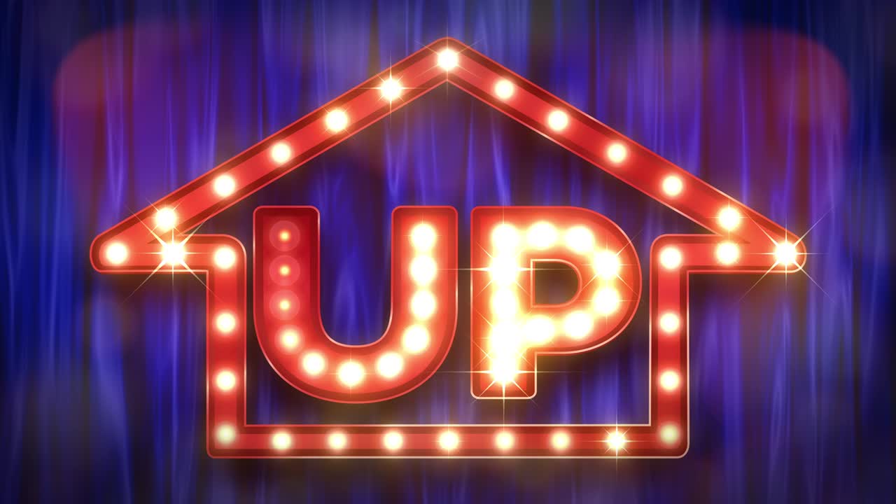 L'insegna del teatro e il sipario. Freccia e "SU" (in loop).
