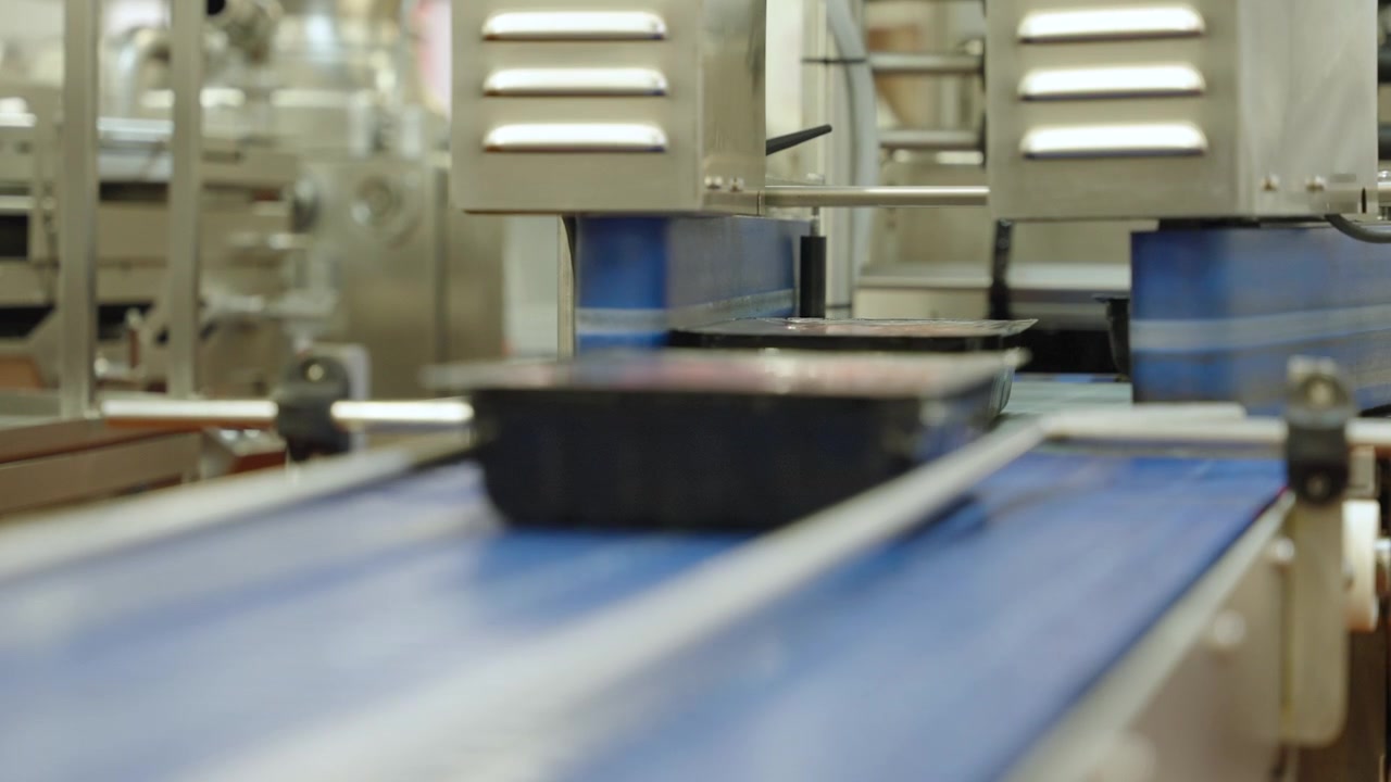 Plastic trays of minced beef travel along a blue conveyor through an automated packaging unit in a modern meat plant.