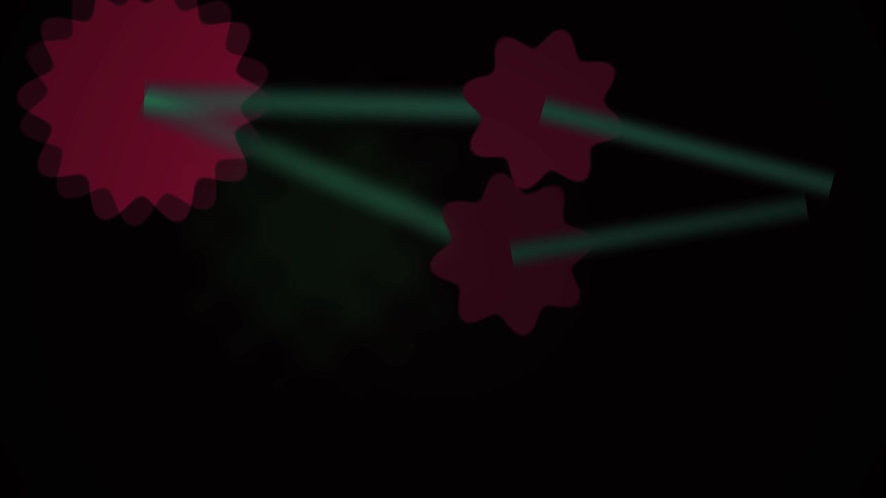 Abstract Animation of Rotating Red Gears Connected by Green Light Beams