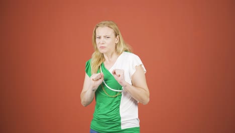 fear reaction of woman looking at camera. coward woman.