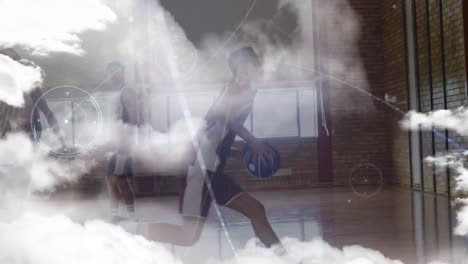 animation of clouds and network of connections over diverse group of basketball players at gym