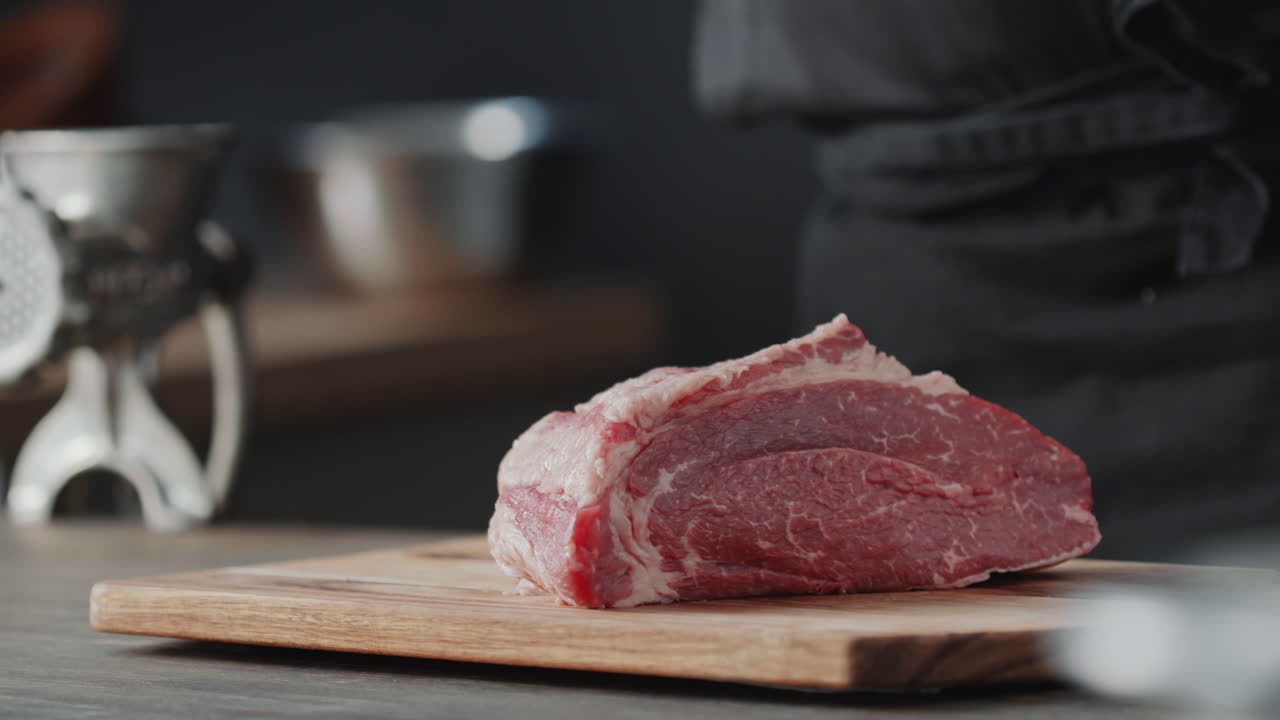 Chef Putting Raw Beef on Wooden Board