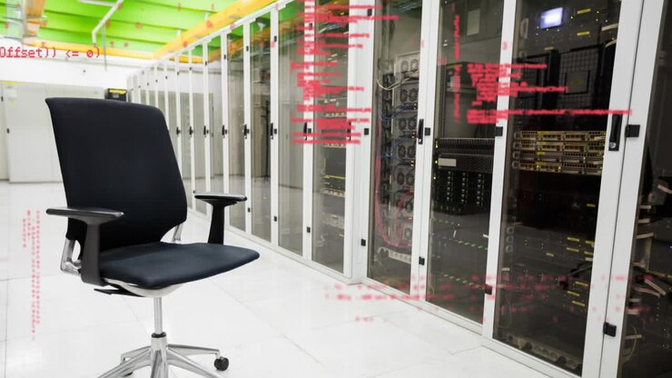 Office chair in a hallway and digital codes.