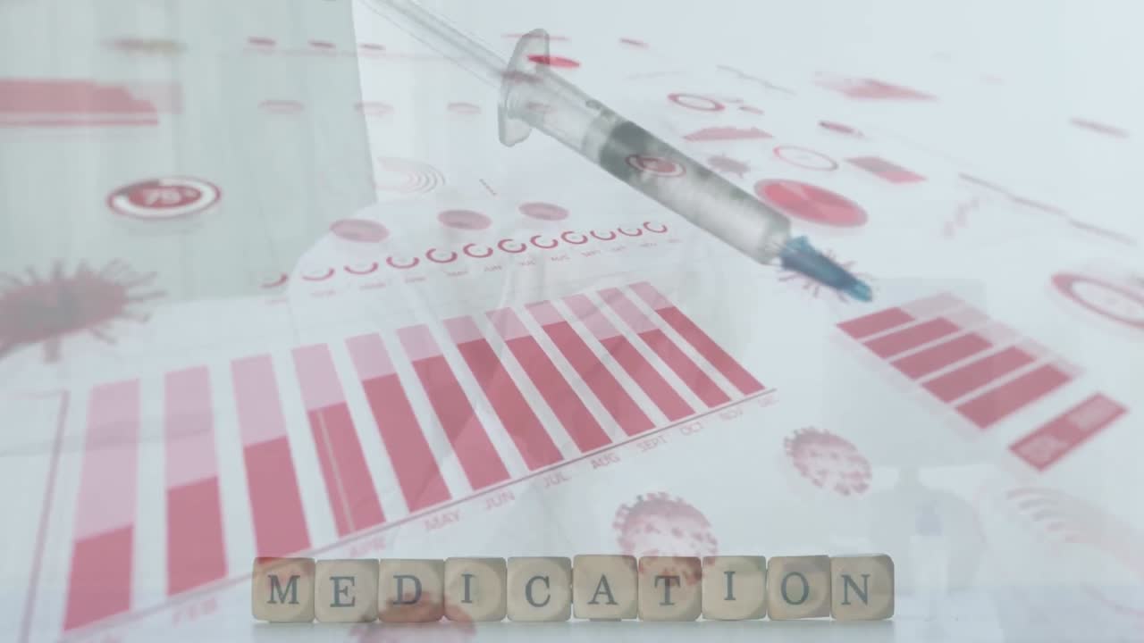 주사기 위에 바이러스 세포와 고위 백인 여성으로 데이터 처리의 애니메이션