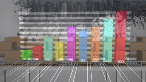 animation of statistics processing over cardboard boxes on conveyor belts