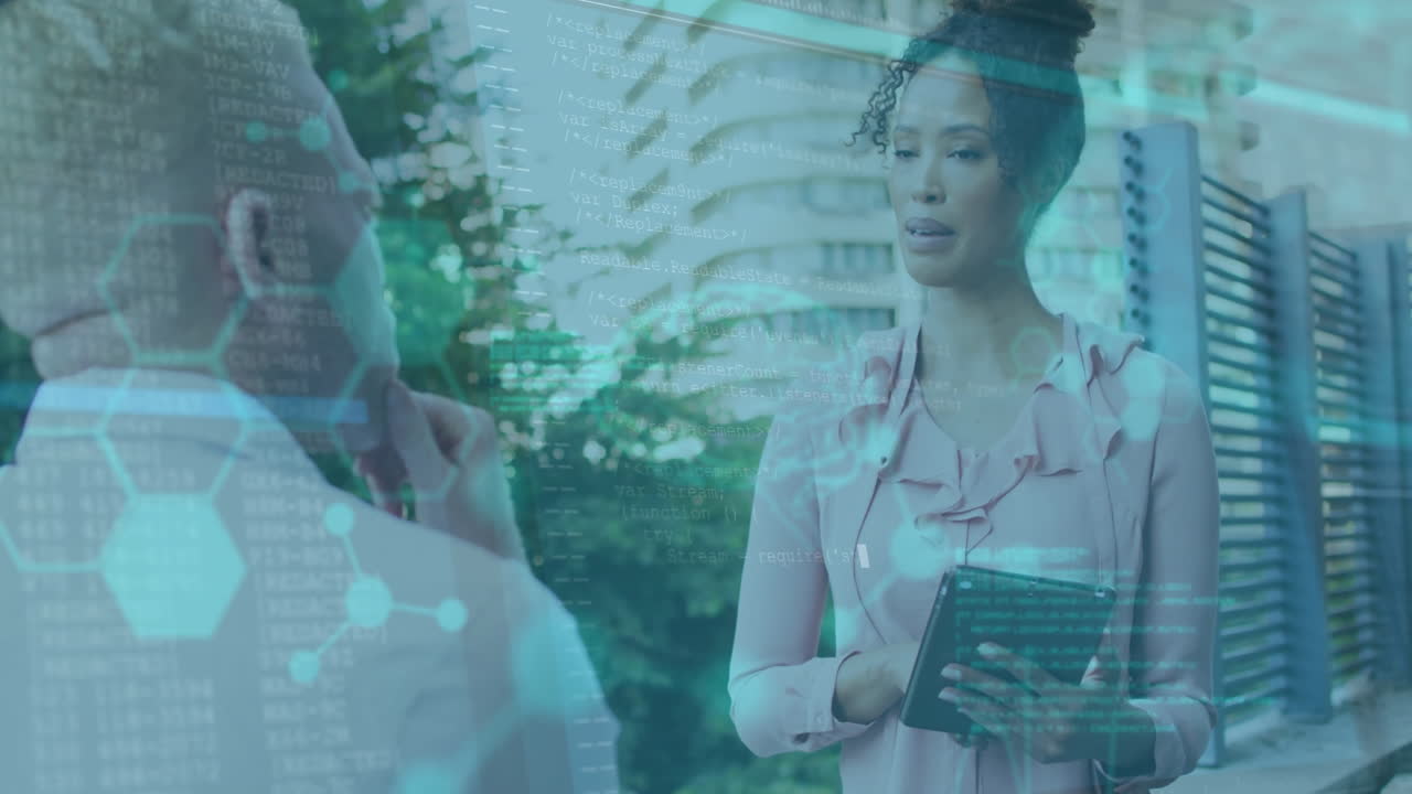 Animation of hexagons and computer language over diverse colleagues discussing against buildings