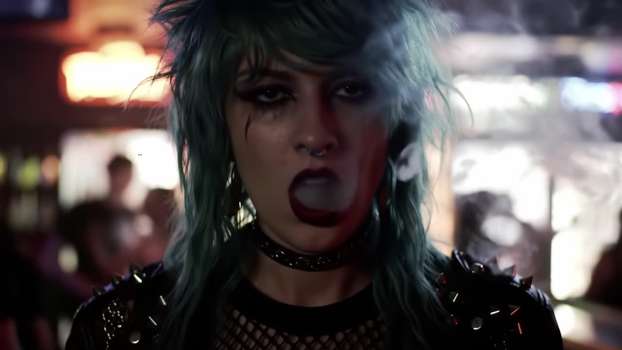 Intense Gaze of a Punk Aesthetic with Vibrant Hair and Edgy Accessories Captured in an Atmospherically Charged Environment Highlighting Rebellion and Individualism