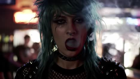 intense gaze of a punk aesthetic with vibrant hair and edgy accessories captured in an atmospherically charged environment highlighting rebellion and individualism