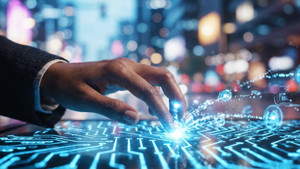 Exploring the Intersection of Technology and Human Interaction: A Close-Up View of Hands Engaging with Digital Interface in a Futuristic Urban Setting