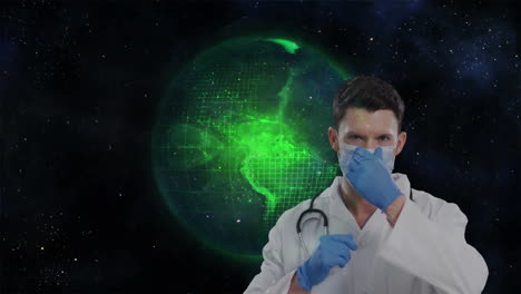 animación del globo sobre un médico caucásico con una máscara facial