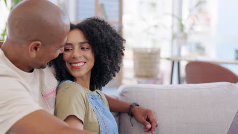 relax, happy and smile with couple on sofa