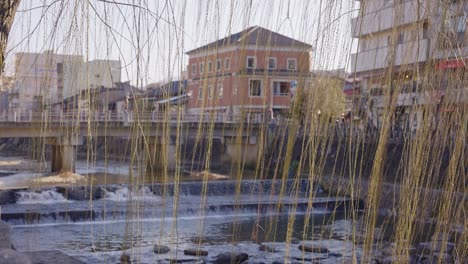 Beautiful-Takayama-Town-in-Gifu-Japan,-Sunset-Through-Peaceful-Willows