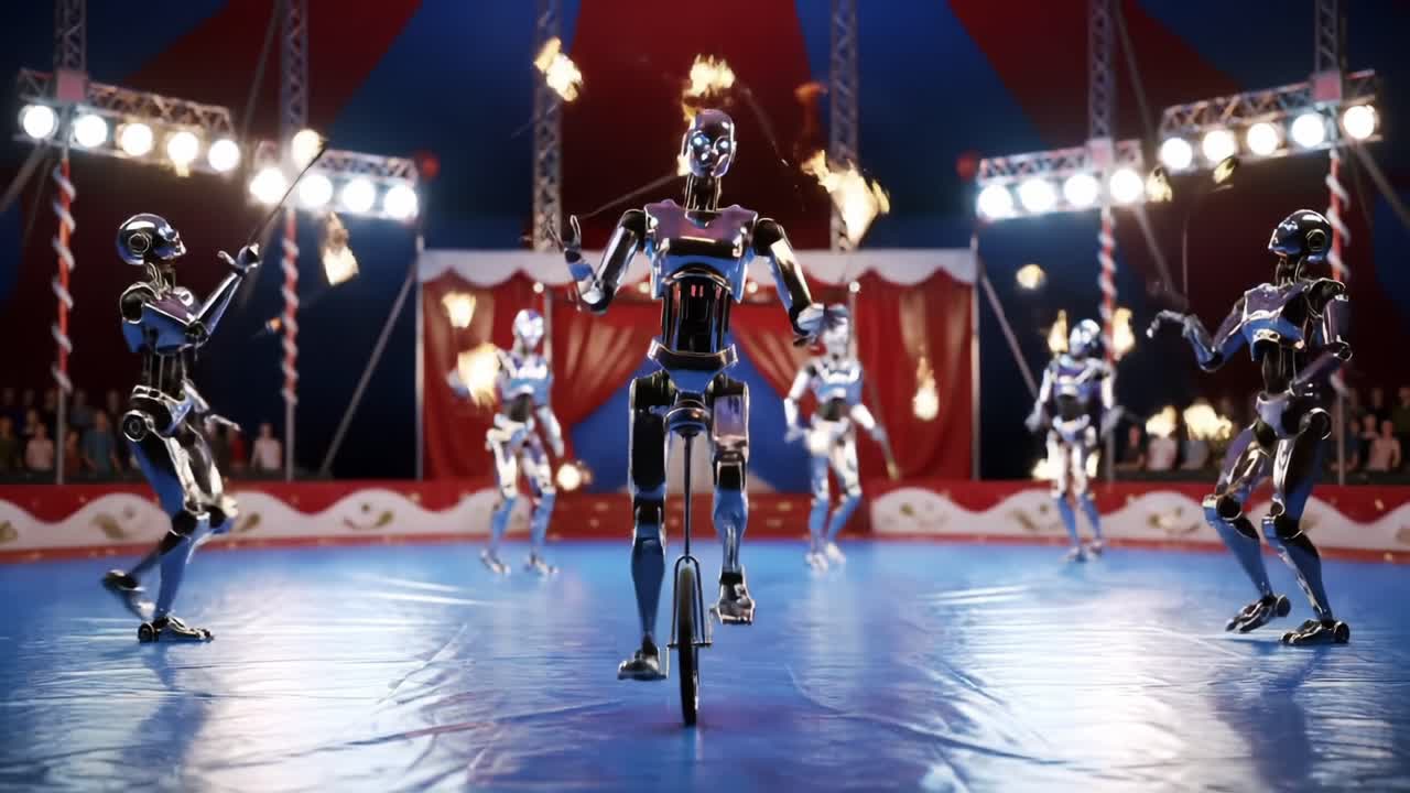 Spectacular Performance of Dancing Robots in a Bright Circus Arena with Flames and Enthusiastic Audience Captivating the Spirit of Entertainment
