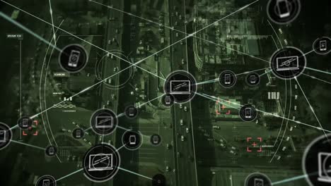 Animation-Des-Verbindungsnetzes-Mit-Symbolen-über-Dem-Straßenverkehr