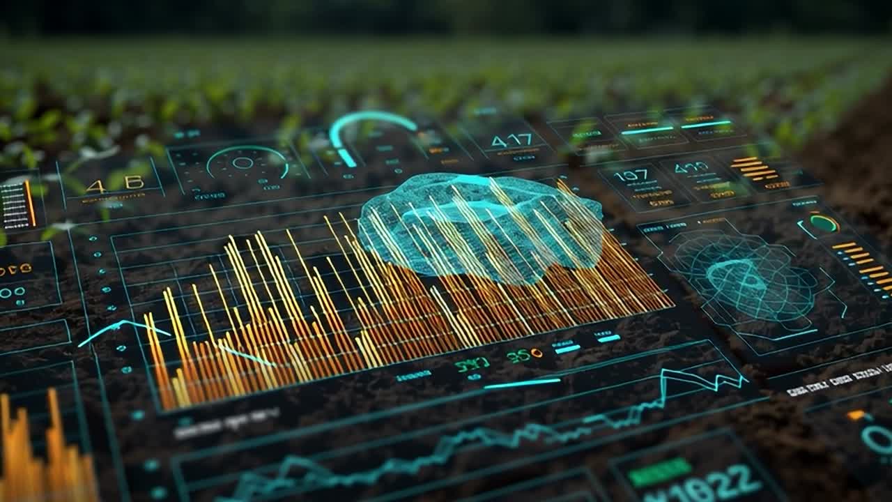 Digital farming technology displaying crop data in a field during daylight